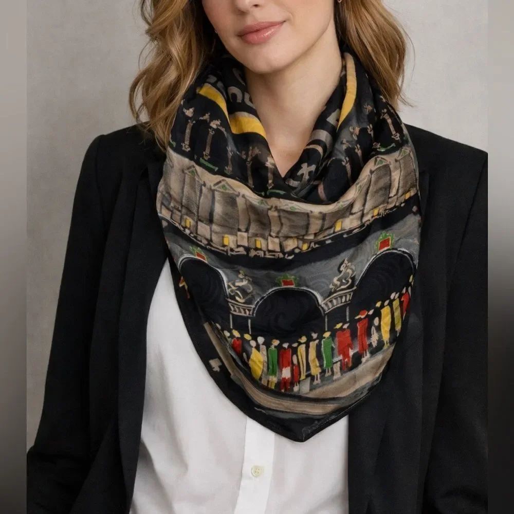 Opera House Print Hand Rolled Silk Square Scarf Black Multicolor 34”